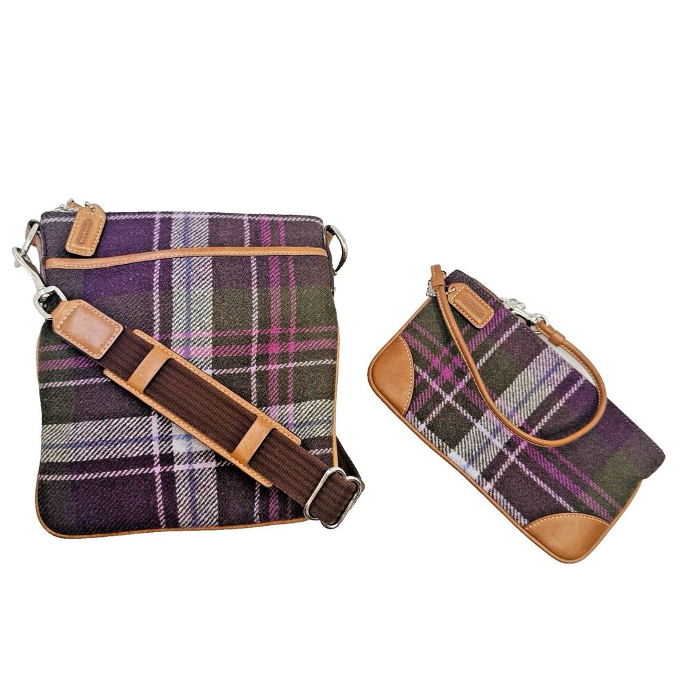 Coach Vintage Tartan Wool Purple Plaid & Lthr Crossbody Purse & Wristlet Y2K